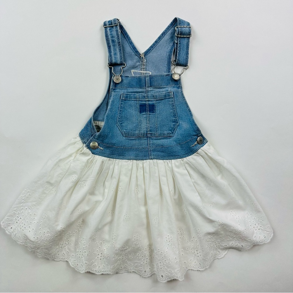 Osh Kosh B’Gosh Denim White Eyelet Dress Overalls Size 4T